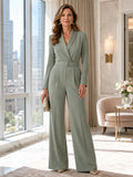 Sage Modern Belted Tuxedo-Lapel Three-Quarter-Sleeve Wide-Leg City Mother of the Bride Jumpsuit front view