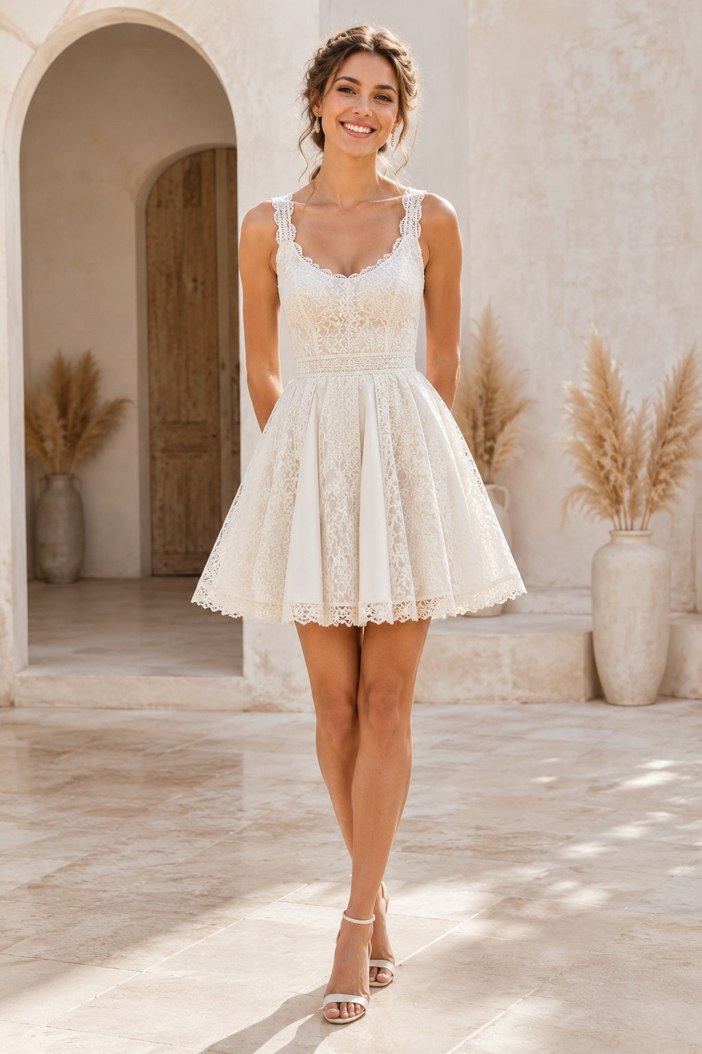 Ivory Scoop Neck Lace Tulle Mini Reception Dress for Wedding Reception and Party front view