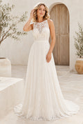 Ivory High Neck Sleeveless Lace A-Line Wedding Dress with Sheer Back and Train front view