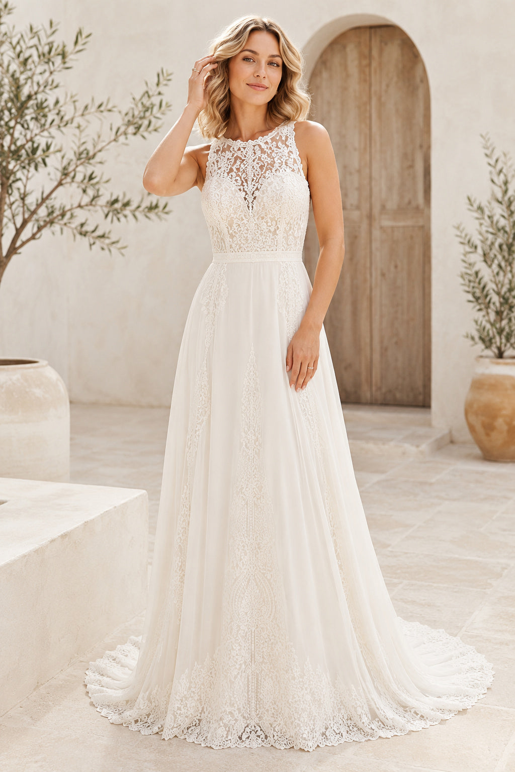 Ivory High Neck Sleeveless Lace A-Line Wedding Dress with Sheer Back and Train front view