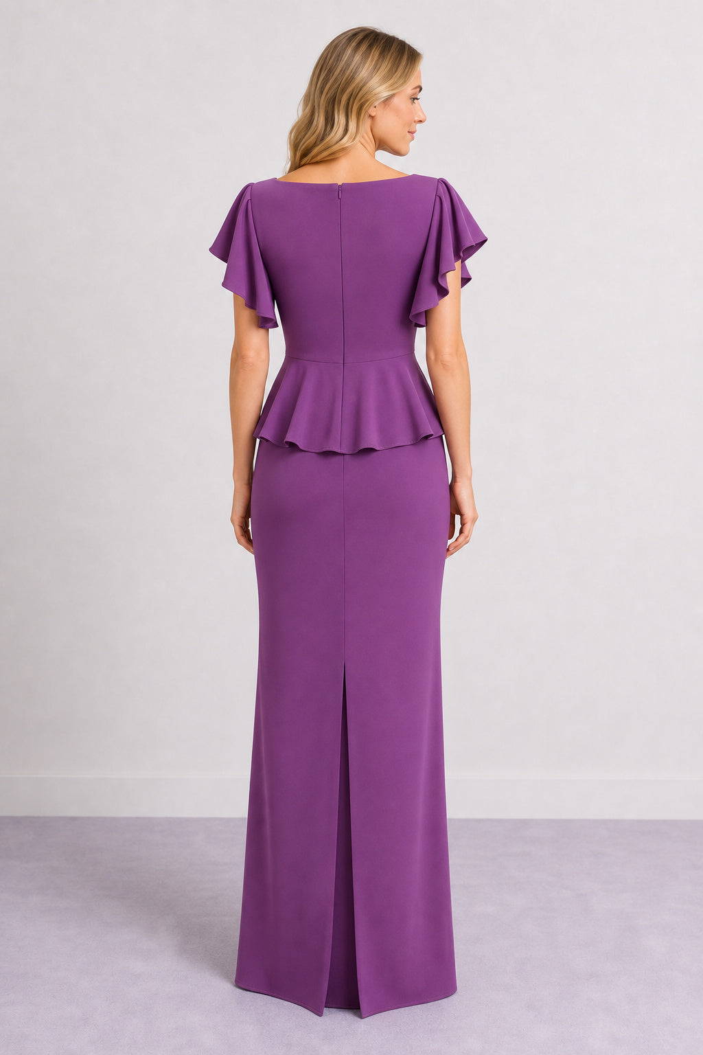 Purple V-neck Flutter Sleeve Two-Piece Sheath Chiffon Floor-Length Dress With Peplum