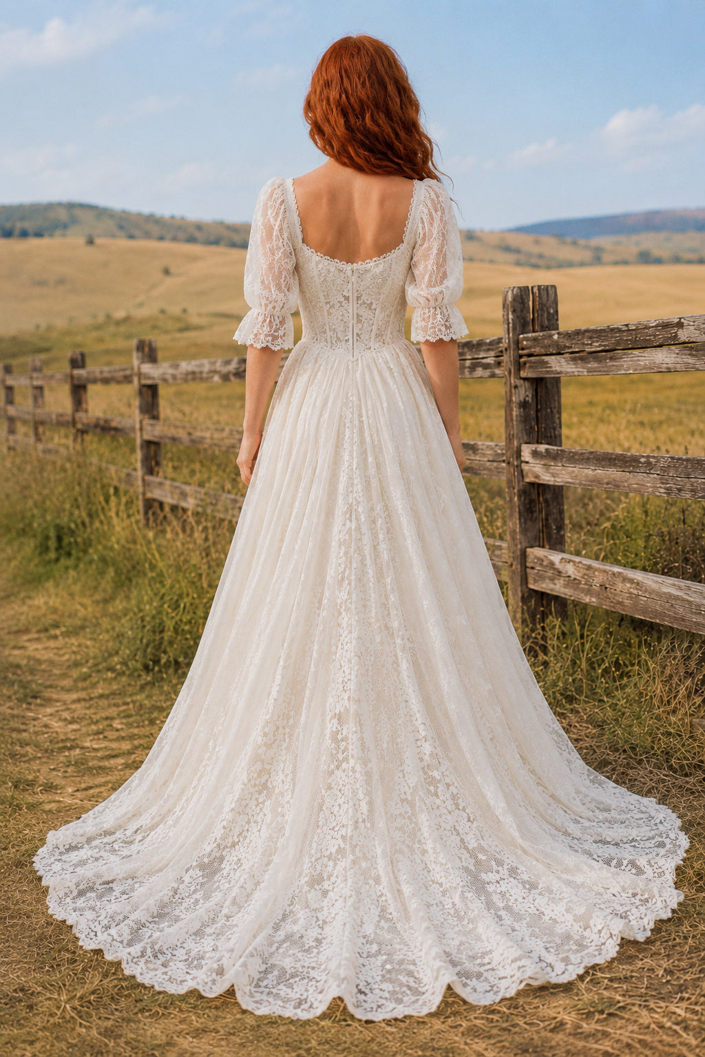 Square Neck Puff Sleeve A-Line Wedding Dress with Lace Overlay and Full Train for Rustic Garden Ceremony back view