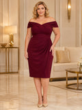 Burgundy Off Shoulder Ruched Sheath Cocktail Dress front view