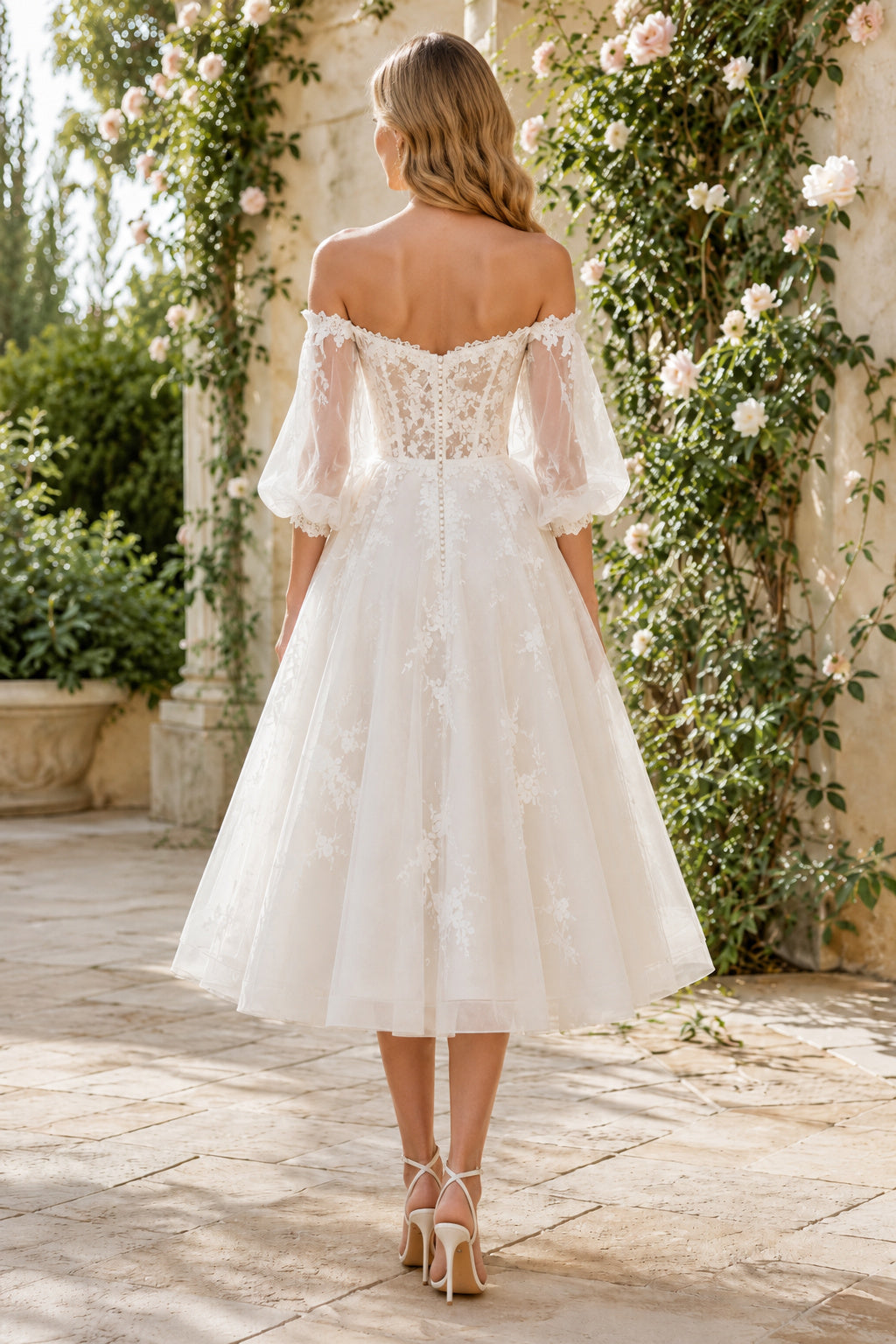 Ivory Off-the-Shoulder Sweetheart Poet Sleeve Lace Tulle Tea-Length Wedding Dress with Poet Sleeves and Tulle Midi Skirt back