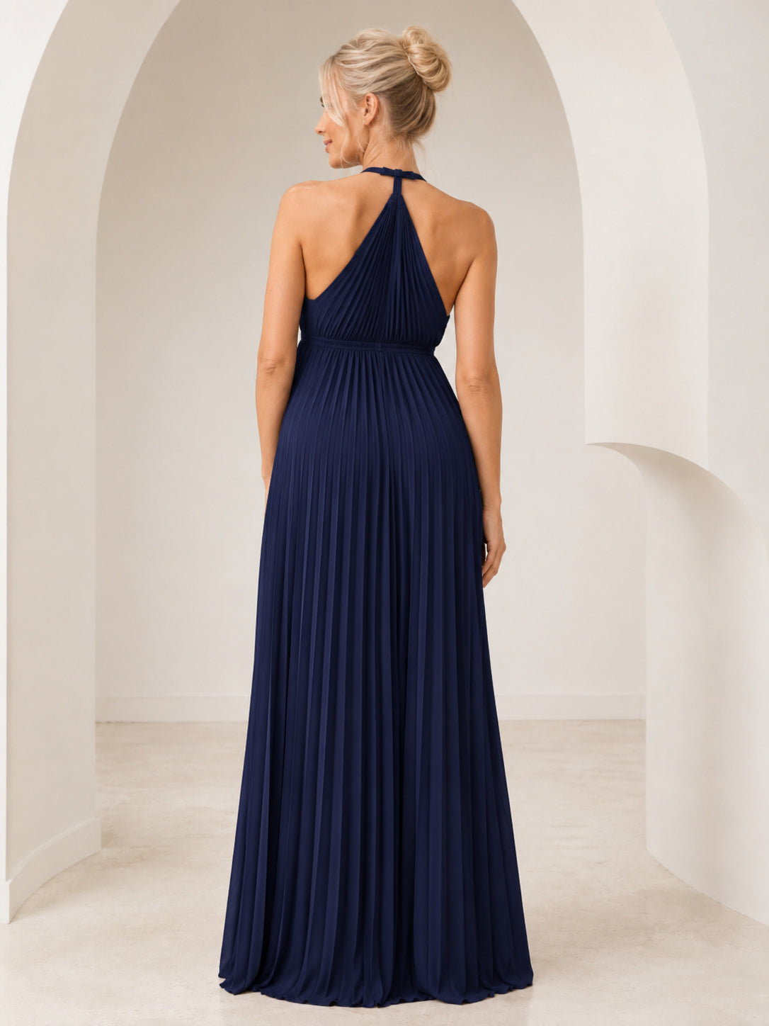 Dark Navy Maternity High Neck Halter Empire Pleated Floor Length Formal Dress back view