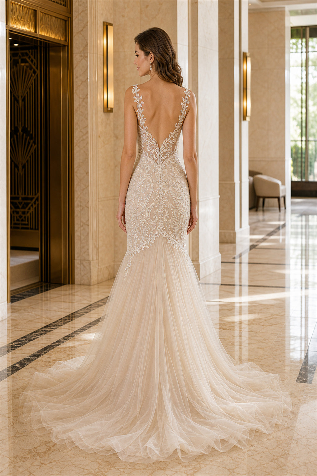 Champagne V-neck Mermaid Lace, Tulle Floor-length Wedding Dress With Lace and Tulle Train and Open Back
