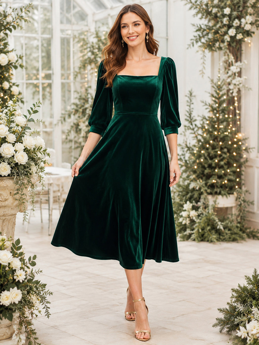 Dark Green Square Neck Velvet Tea Length Guest Dress front view
