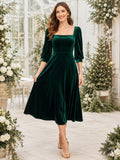 Dark Green Square Neck Velvet Tea Length Guest Dress front view