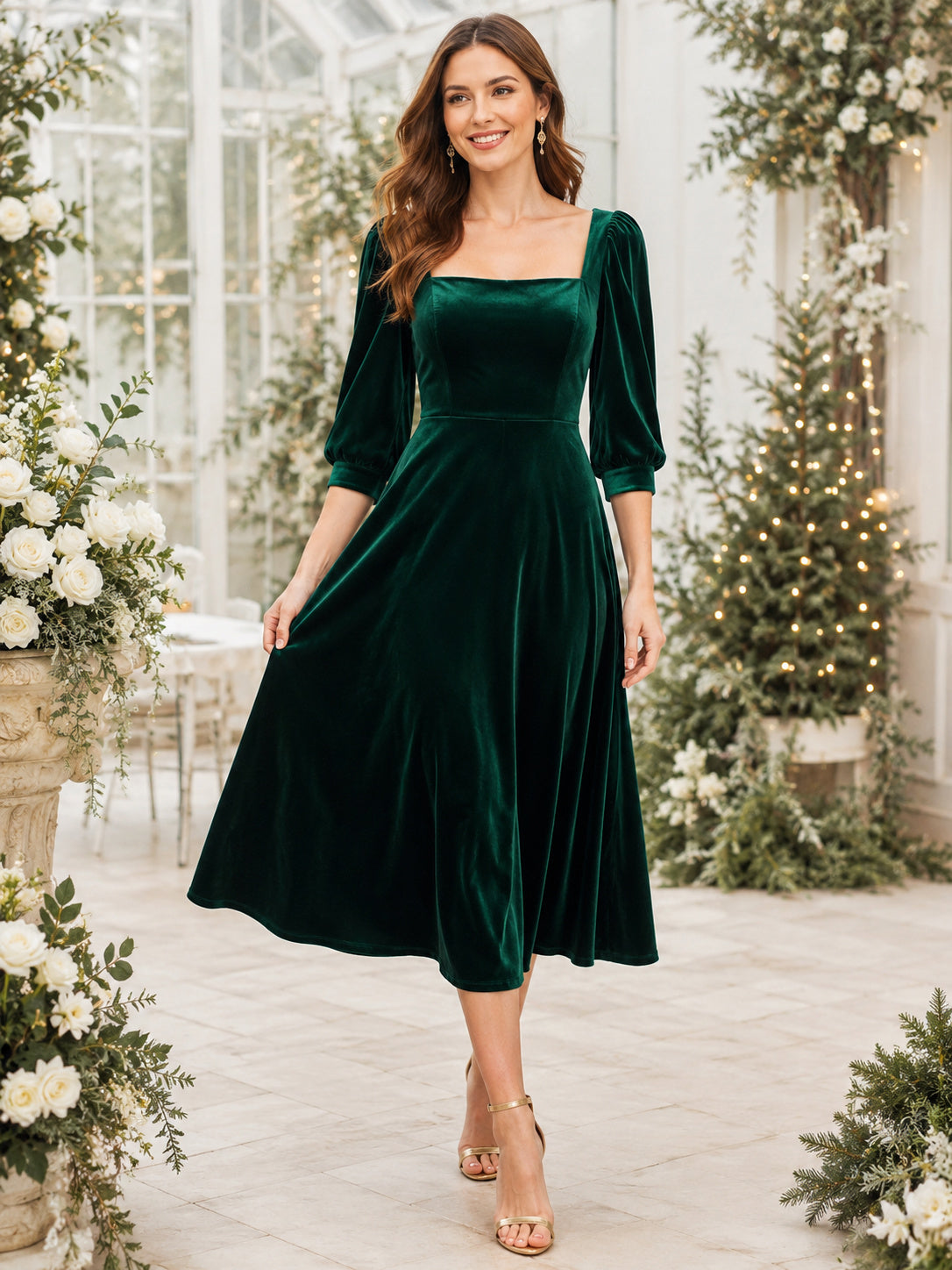 Dark Green Square Neck Velvet Tea Length Guest Dress front view