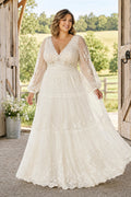 Plus Size Ivory V-Neck Bishop Sleeve Lace Tulle A-Line Wedding Dress with Tiered Skirt and Lace Bishop Sleeves front view