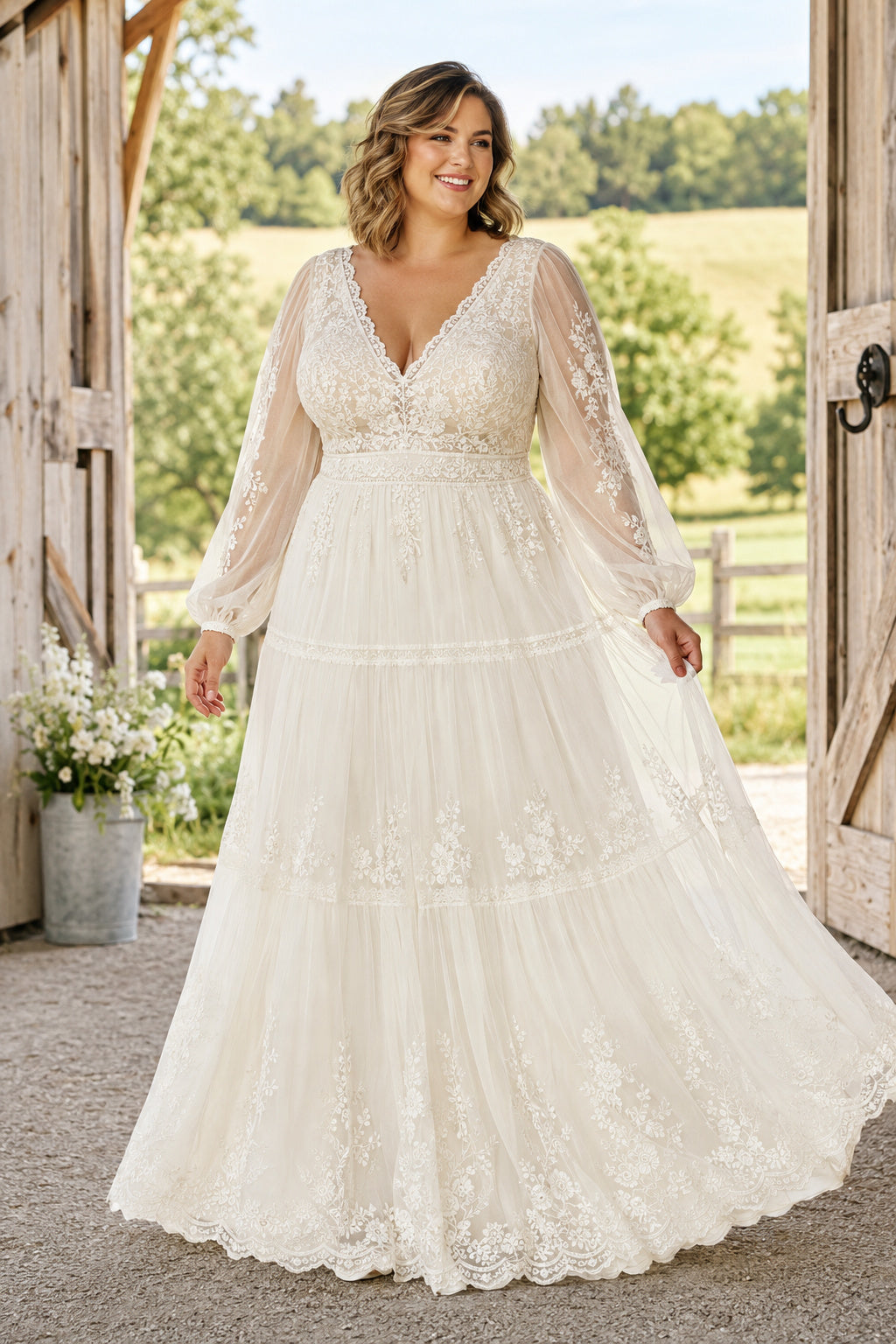 Plus Size Ivory V-Neck Bishop Sleeve Lace Tulle A-Line Wedding Dress with Tiered Skirt and Lace Bishop Sleeves front view
