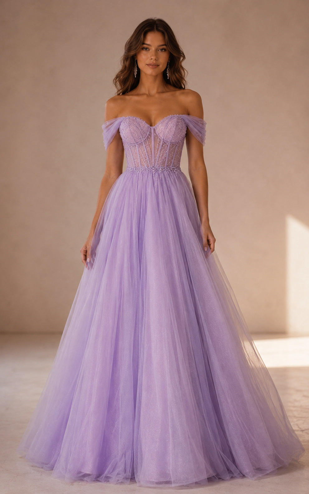 Lilac Off Shoulder Prom Gown with Flowing Tulle Skirt and Beaded Corset Bodice front view