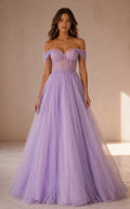 Lilac Off Shoulder Prom Gown with Flowing Tulle Skirt and Beaded Corset Bodice front view