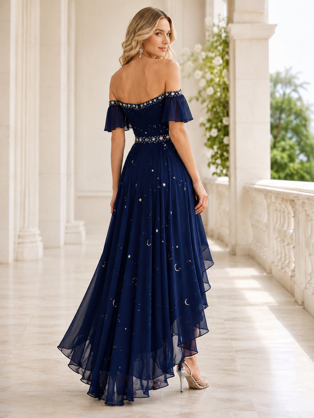 Dark Navy Off Shoulder Celestial Beaded High Low Guest Dress back view