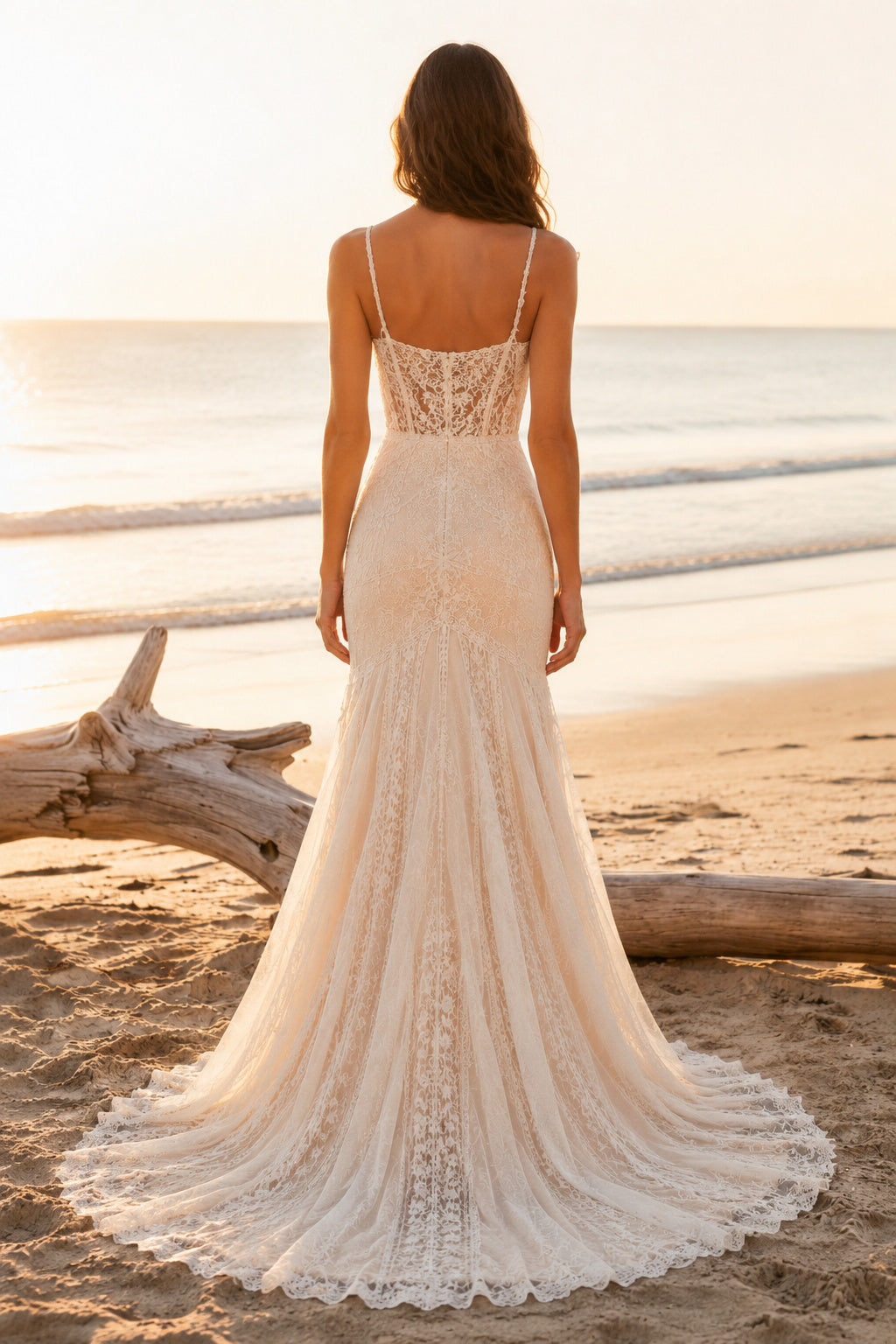 Ivory Spaghetti Strap Lace Mermaid Wedding Dress Low V Back for Bridal Ceremony and Reception back view