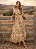 Golden Paisley Print V-Neck Long Sleeve Country Maxi Dress front view