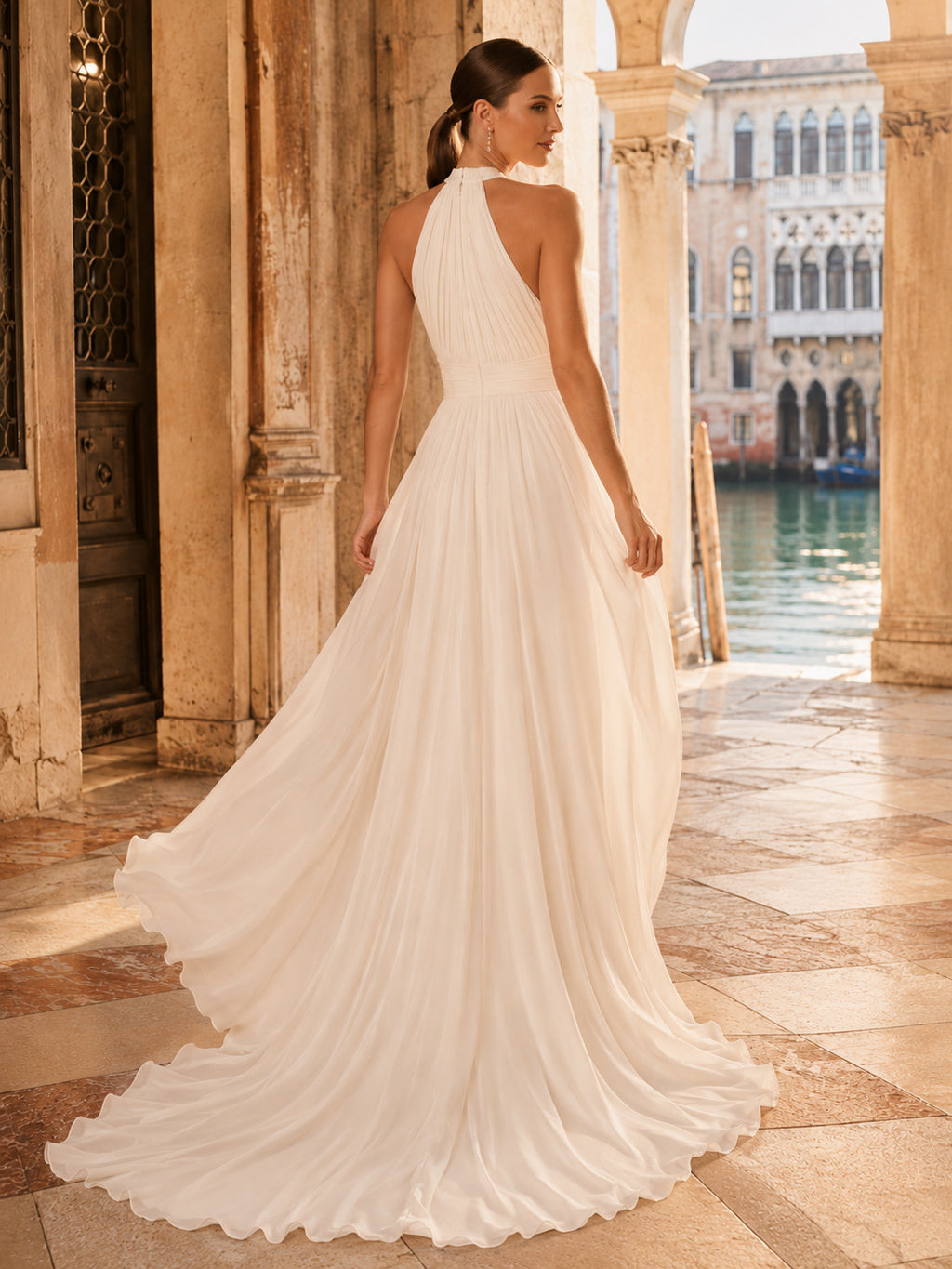 Simple High Neck Halter Chiffon A-Line Beach Destination Wedding Dress back view