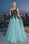 Aqua One-Shoulder A-Line Tulle Floor-Length Dress With Lace Appliques