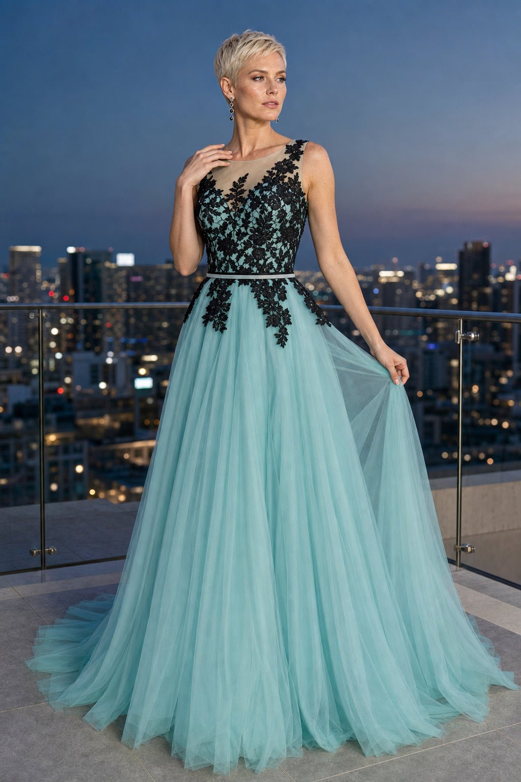 Aqua One-Shoulder A-Line Tulle Floor-Length Dress With Lace Appliques