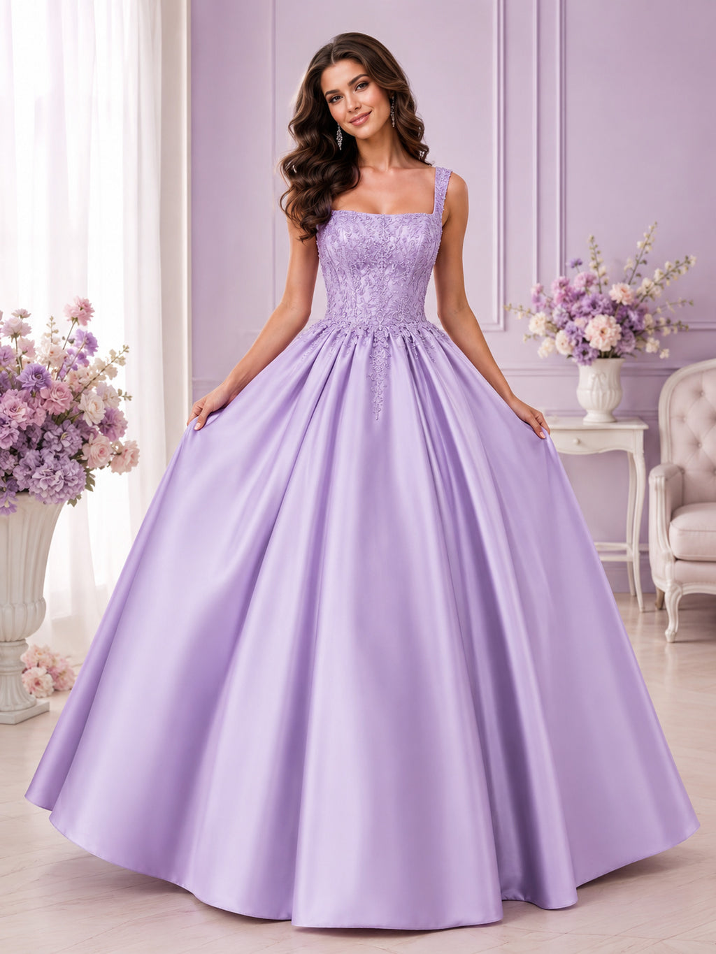 Lilac Simple Square Neck Straps Beaded Satin Sweet Sixteen Princess Ball Gown front view