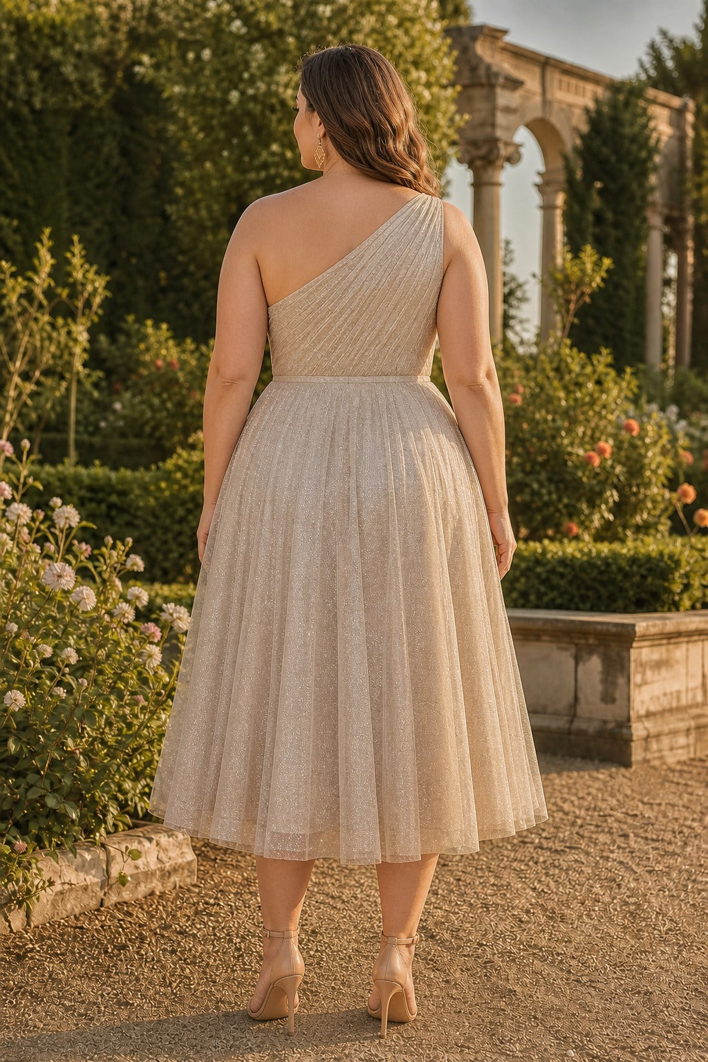 Champagne One-Shoulder Tea-Length Tulle A-Line Dress