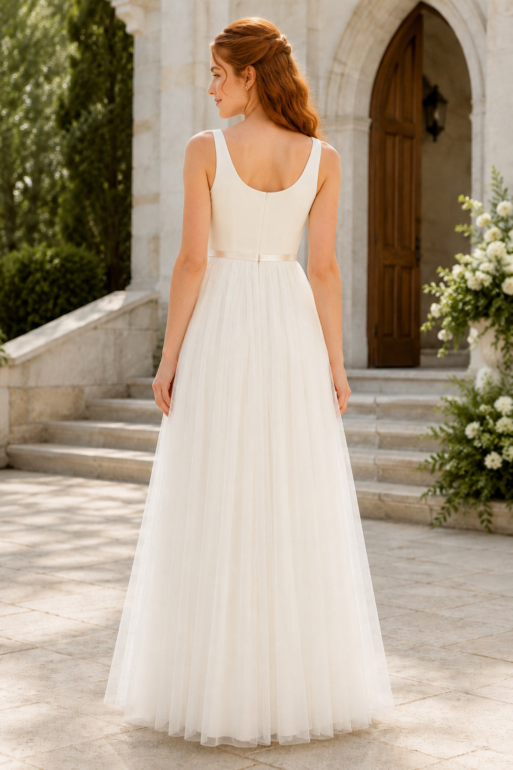 Ivory Sleeveless Scoop Neck Dress with Soft Tulle Skirt Floor Length A-Line Wedding Dress back view