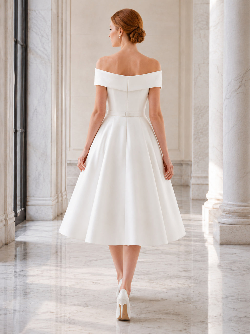 Polished Off-Shoulder Bow Satin A-Line Tea-Length Courthouse Wedding Dress back view