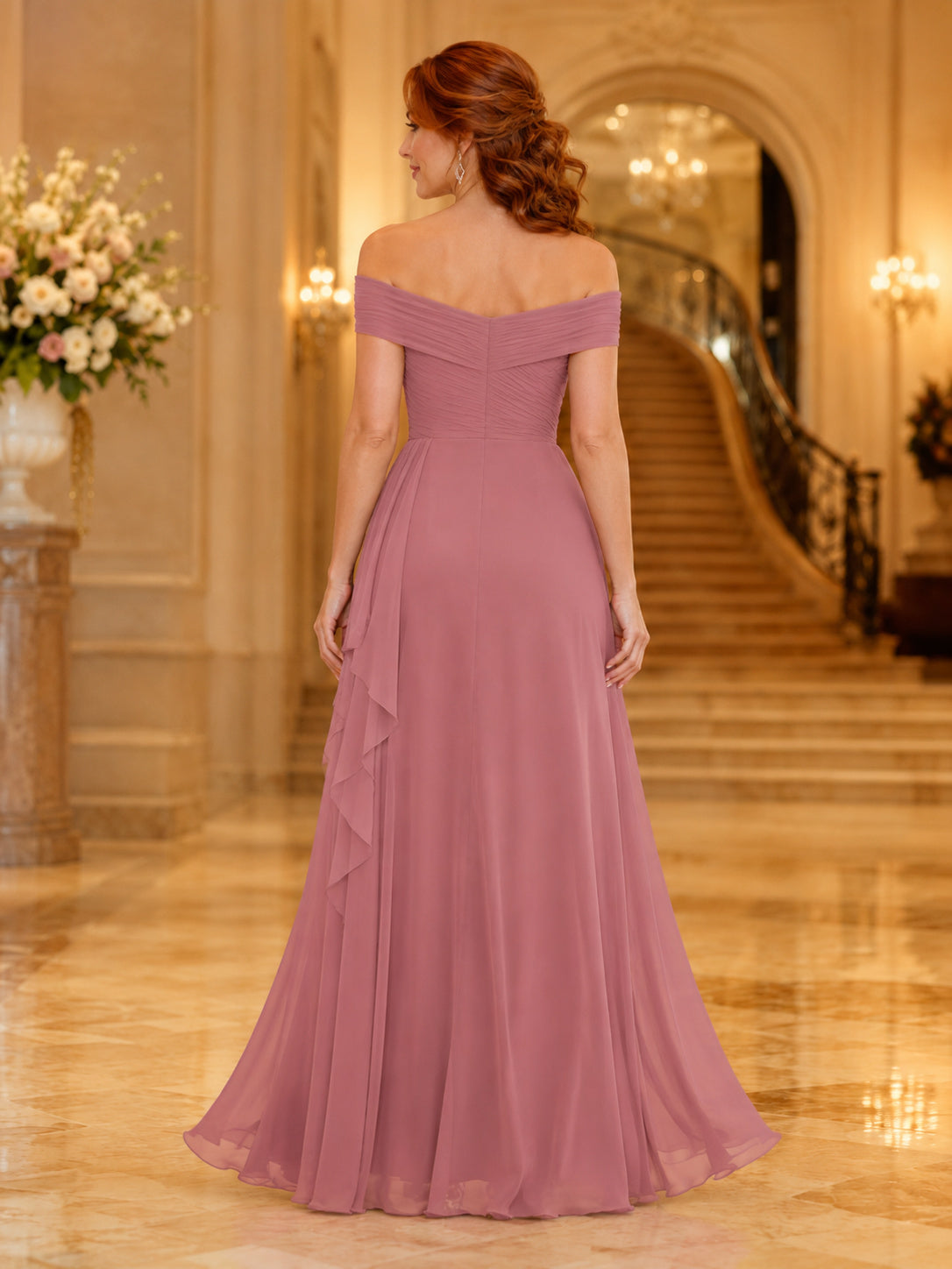 Dusty Rose Chiffon Off-the-shoulder Draped Evening Dress back view