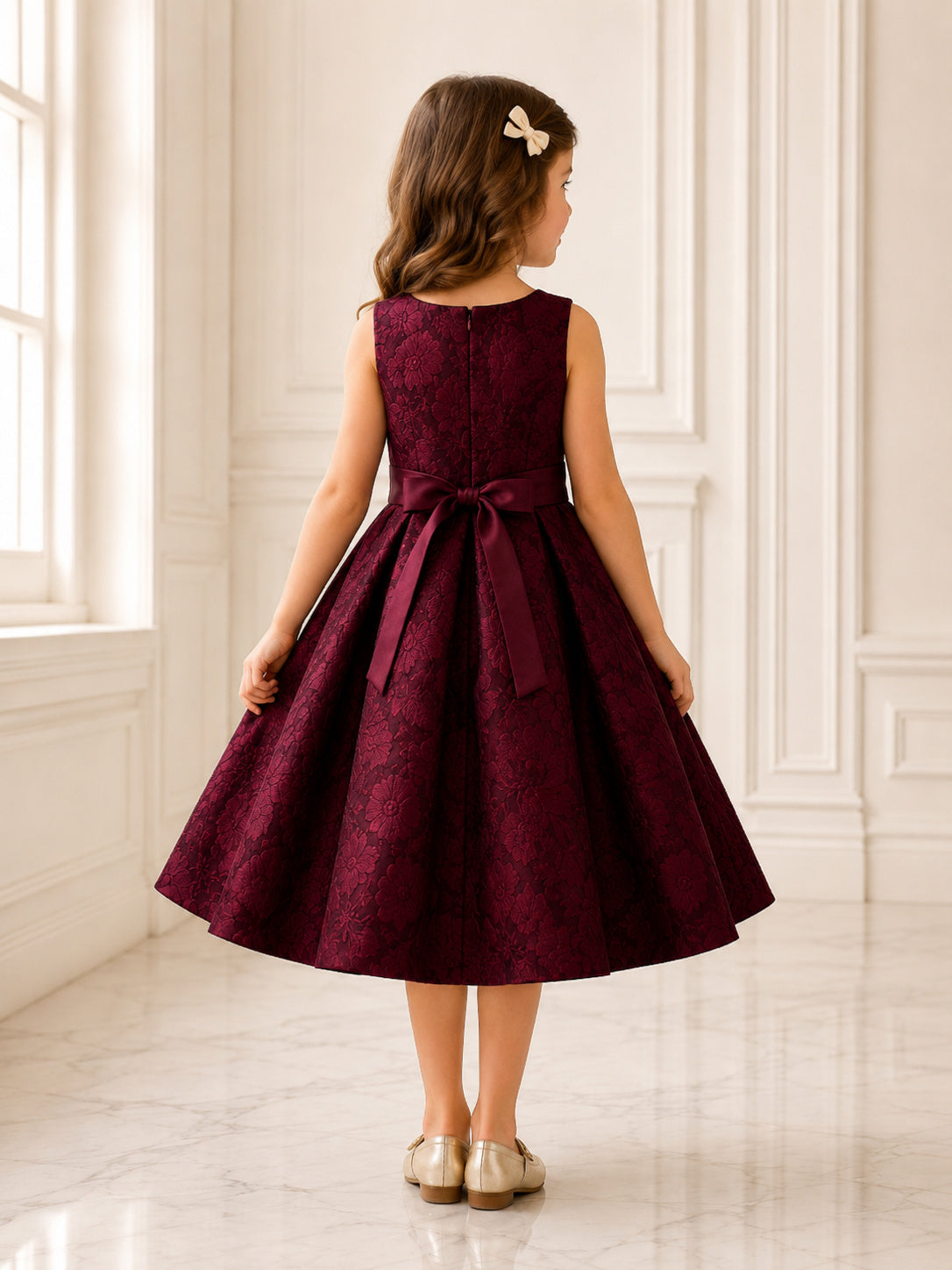 Burgundy Floral Jacquard Jewel Neck Sleeveless Bow-Back Tea-Length A-Line Flower Girl Dress back view