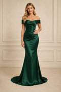 Dark Green Off-the-Shoulder Satin Mermaid Evening Dress with Train front view