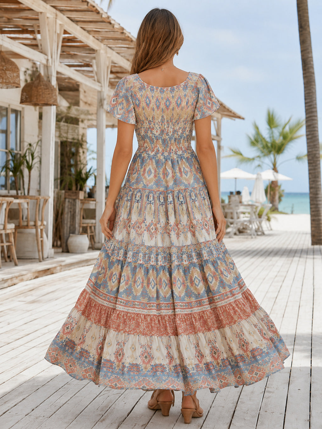 Pastel Aztec Flutter Sleeve Tiered A-Line Beach Maxi Dress back view