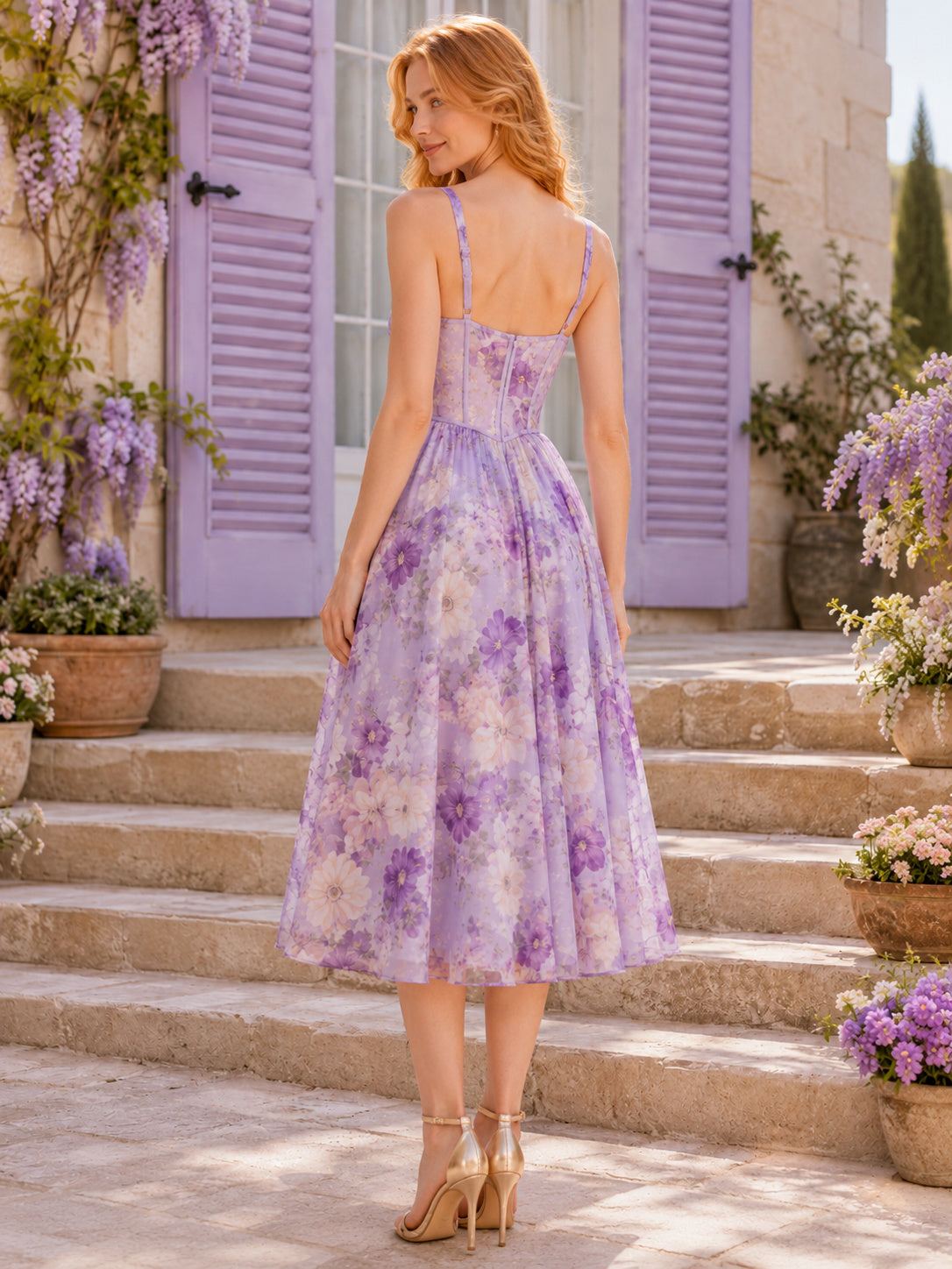 Lavender Floral Sweetheart Strap Corset A Line Midi Dress back view