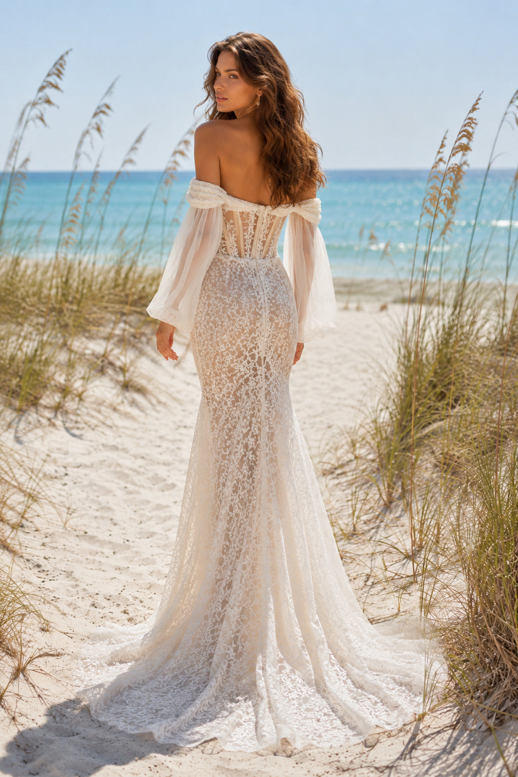 Ivory Off Shoulder Lace Mermaid Wedding Dress Split Front Train for Wedding Ceremony and Reception back view