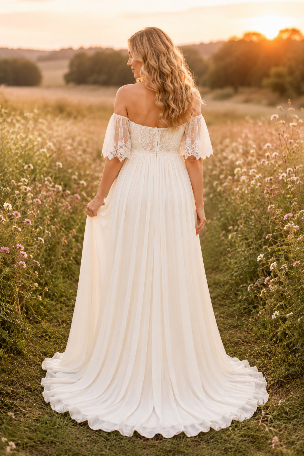 Ivory Maternity Off-the-Shoulder Chiffon A-Line Wedding Dress with Flutter Sleeves back view
