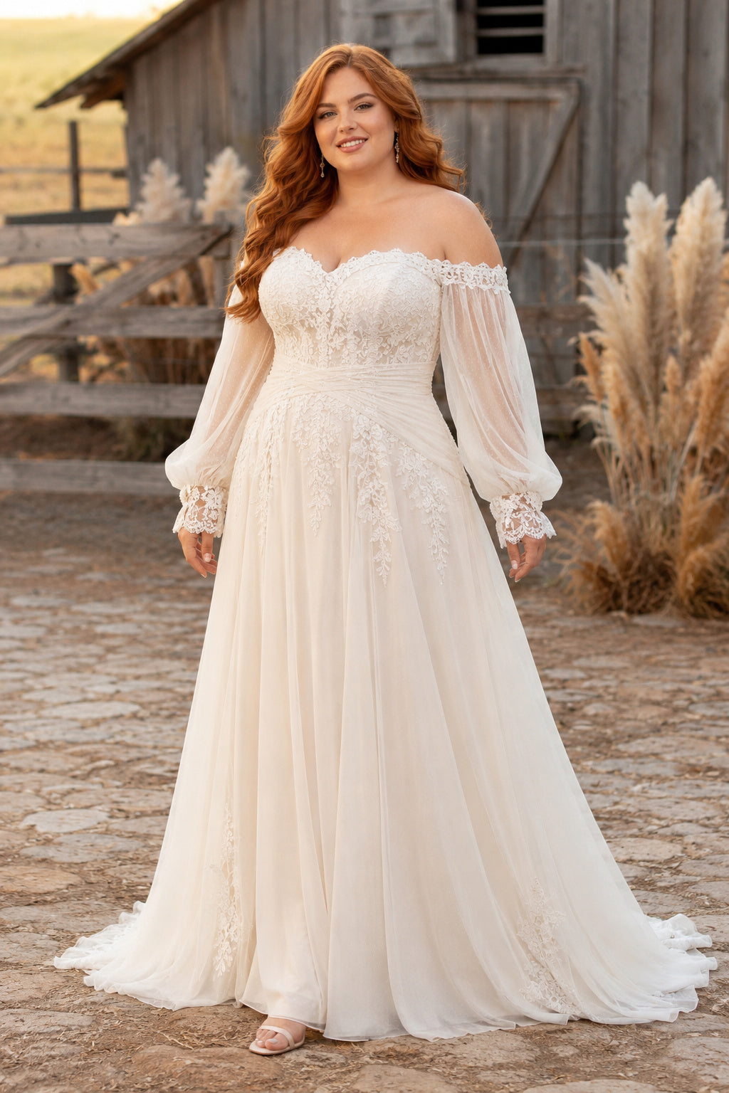 Plus Size Ivory Off-the-Shoulder Sweetheart Poet Sleeve Lace Tulle A-Line Wedding Dress with Poet Sleeves and Corset Back fro