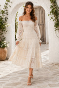 Off-the-Shoulder Tea-Length Lace Wedding Dress with Poet Sleeves front view