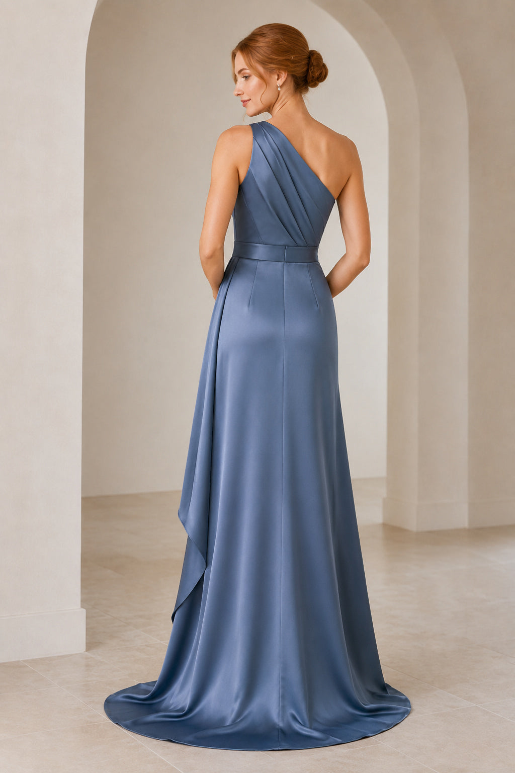 Steel Blue One-Shoulder Satin A-Line Formal Dress with Draped Front Panel and Sweep Train back view