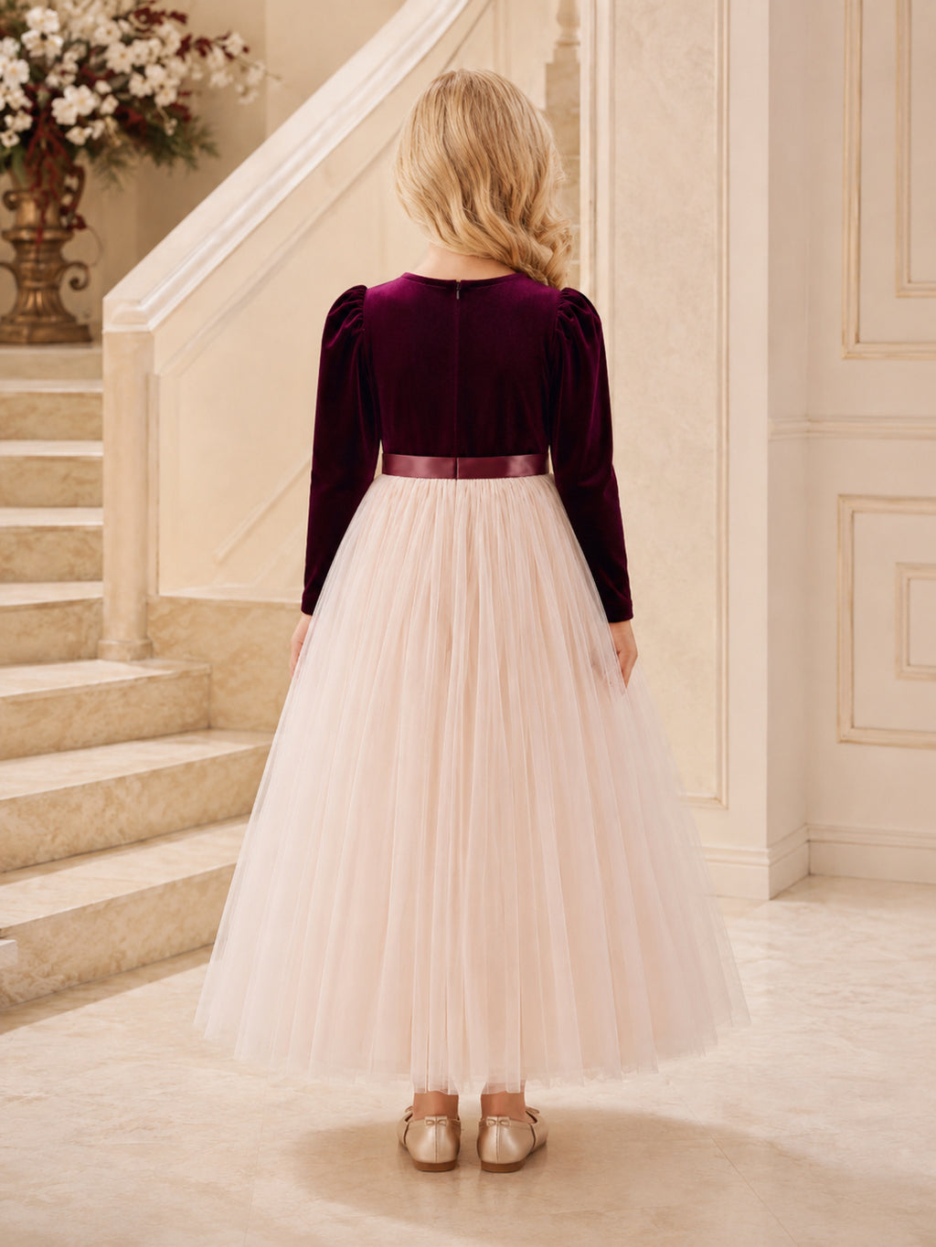 Luxury Floor-Length A-Line Winter Flower Girl Burgundy Velvet Tulle Long Sleeve Jewel Neck Dress back view