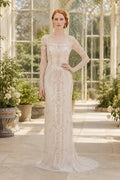 Ivory High Neck Long Sleeve Lace Sheath Wedding Dress front view