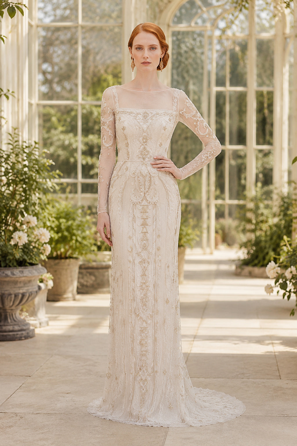 Ivory High Neck Long Sleeve Lace Sheath Wedding Dress front view