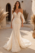 Champagne Sexy Off-the-Shoulder Mermaid Champagne Lace Wedding Dress with Detached Long Lace Sleeves and Chapel Train Style M