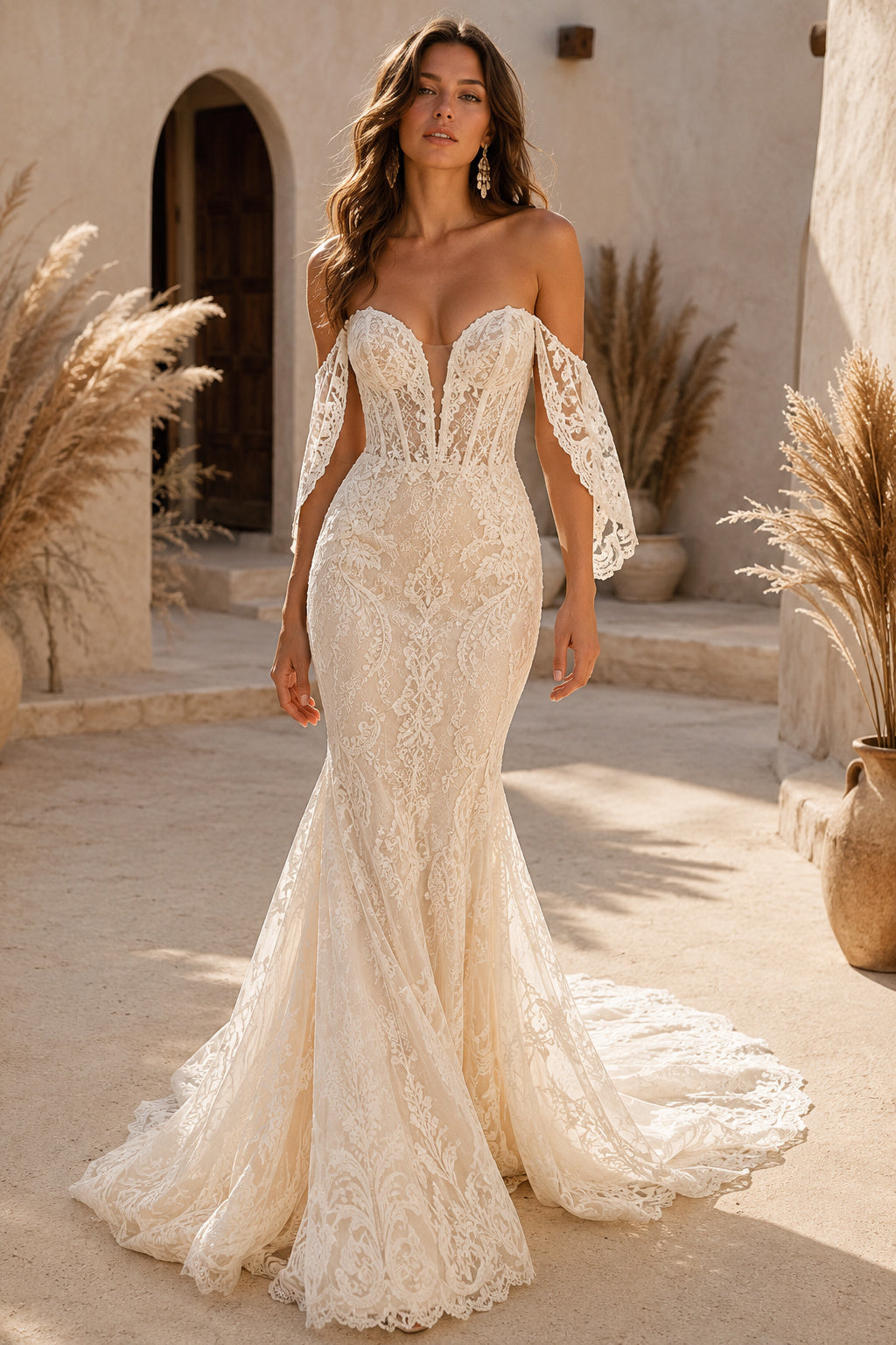 Champagne Sexy Off-the-Shoulder Mermaid Champagne Lace Wedding Dress with Detached Long Lace Sleeves and Chapel Train Style M