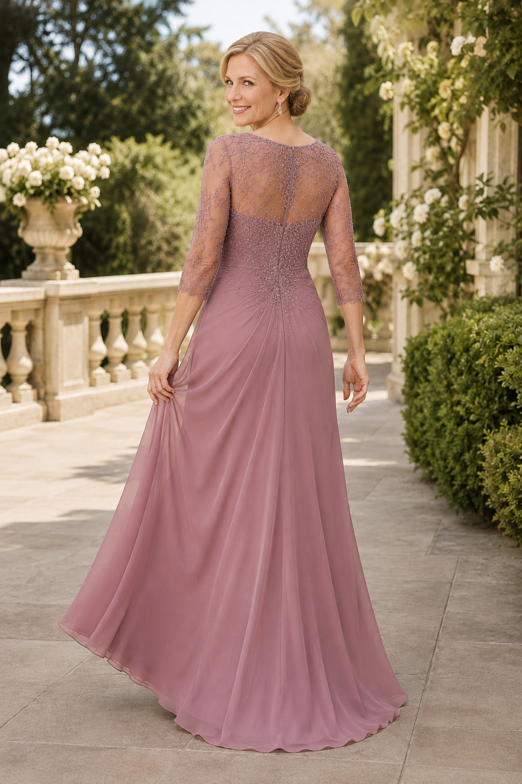 Dusty Rose Chiffon A-Line Mother Dress with Lace Three Quarter Sleeves and Side Drape back view