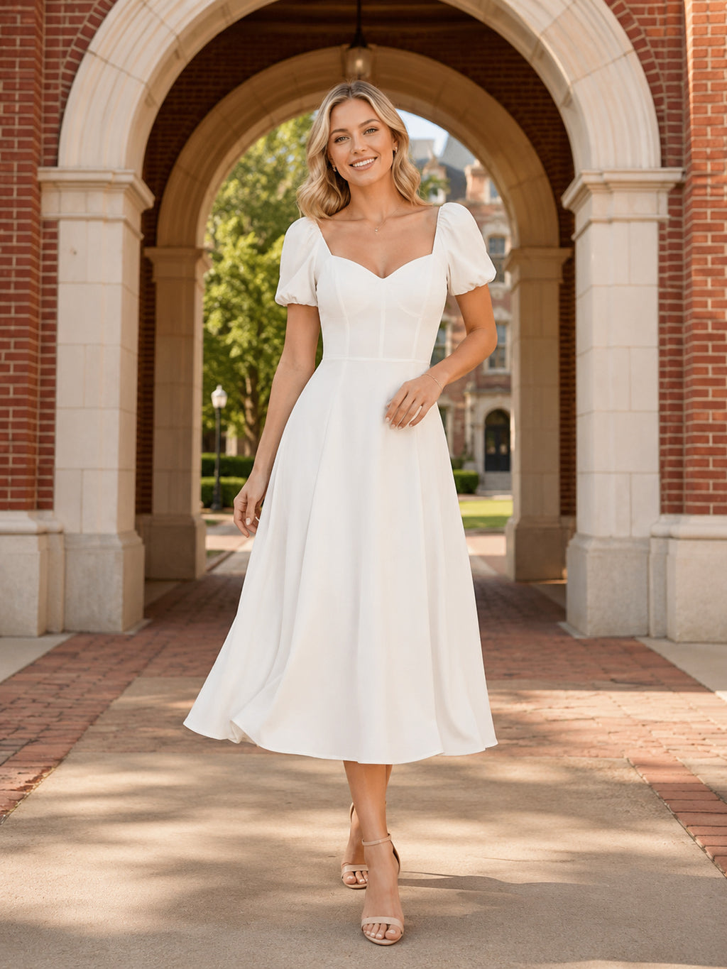 White Sweetheart Puff Sleeve Graduation Campus Midi Dress front view