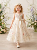 Romantic Floral Embroidered Sleeveless Tulle Flower Girl Tea-Length Garden Bow Dress front view