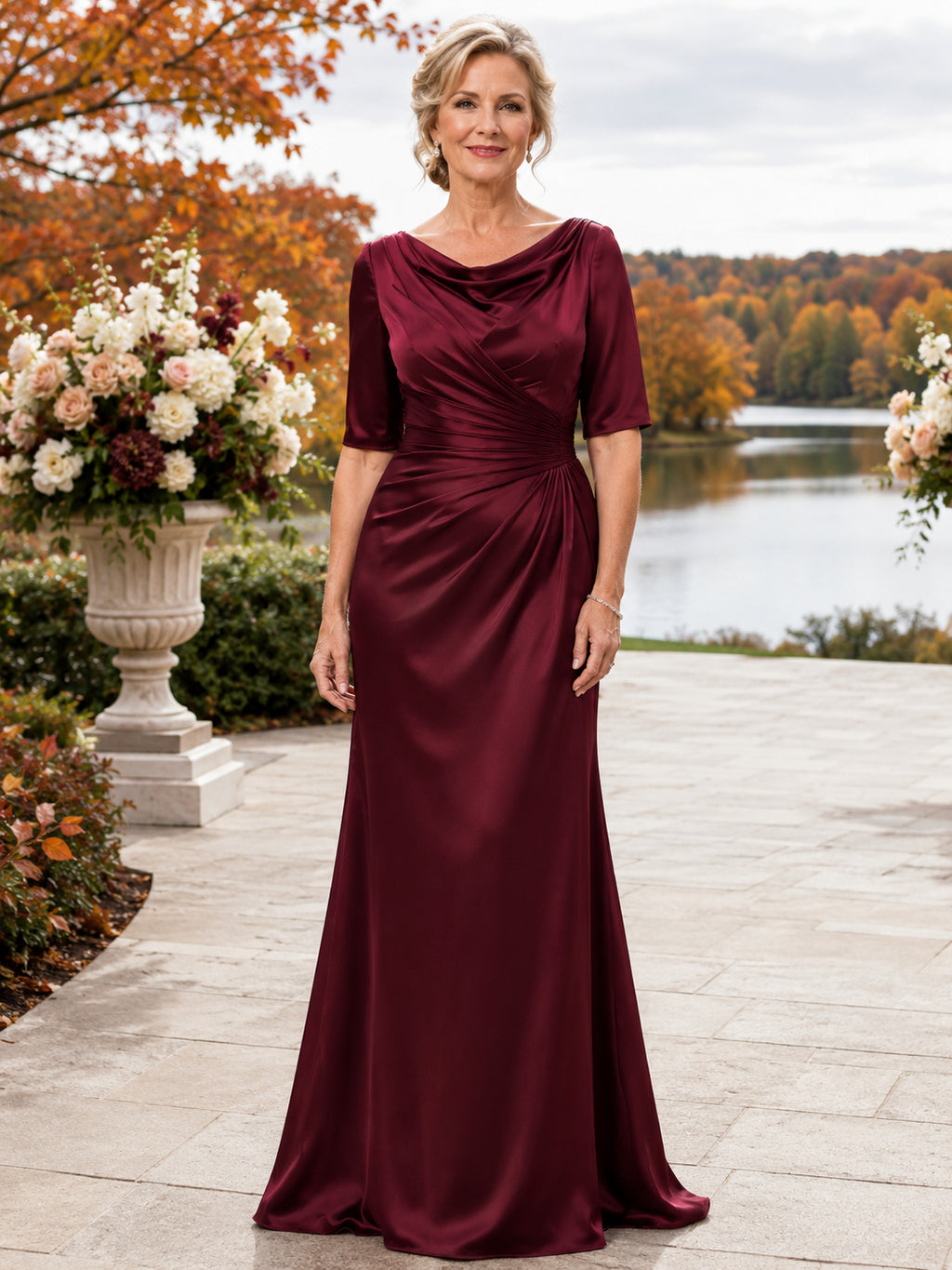 Burgundy Mature Cowl-Neck Half-Sleeve Ruched Satin Sheath Floor-Length Fall Lakeside Mother of the Bride Gown front view