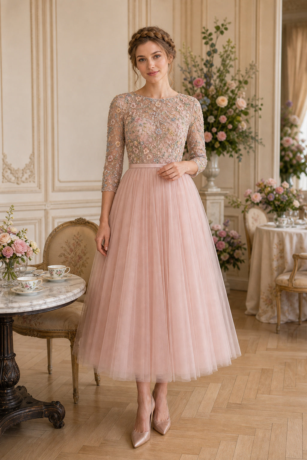 Blush Illusion Long Sleeve A-Line Tulle Tea-Length Dress With Lace Bodice