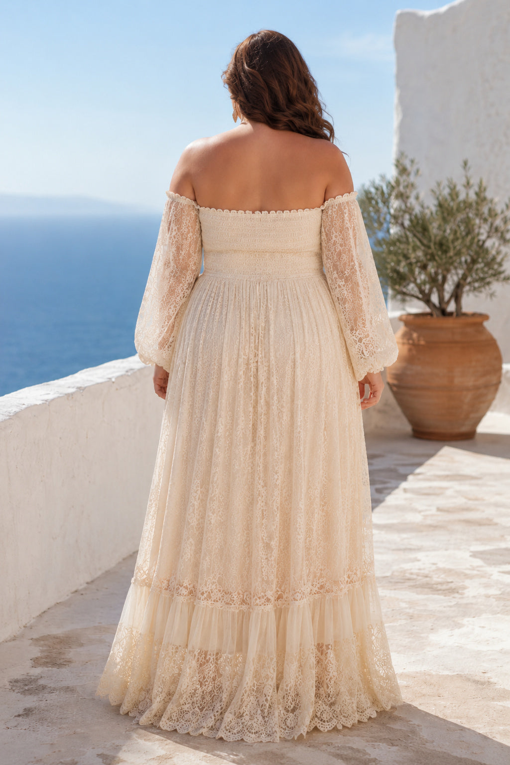 Plus Size Off-the-Shoulder Boho Lace Wedding Dress with Long Poet Sleeves back view