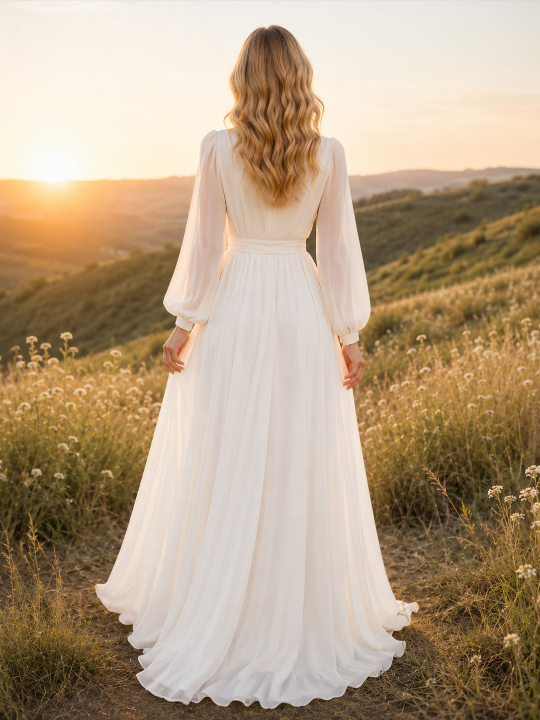 Long Sleeve Wrap Chiffon Hillside Meadow Elopement Dress back view