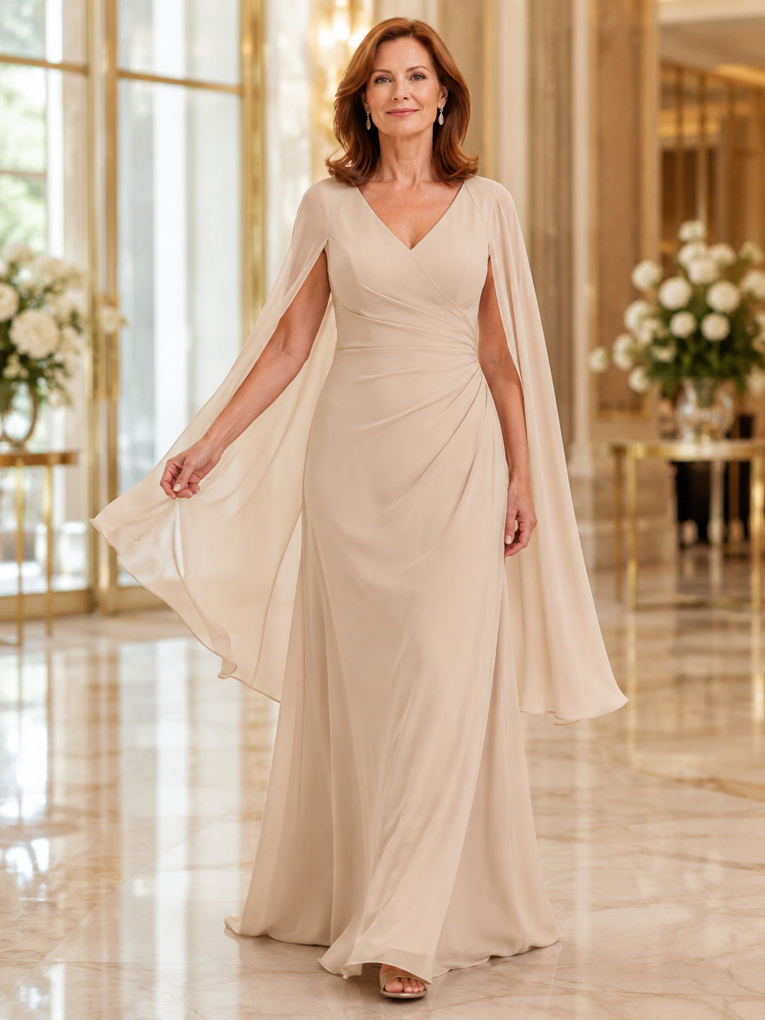 Champagne V neck cape sleeve chiffon floor length mother gown front view